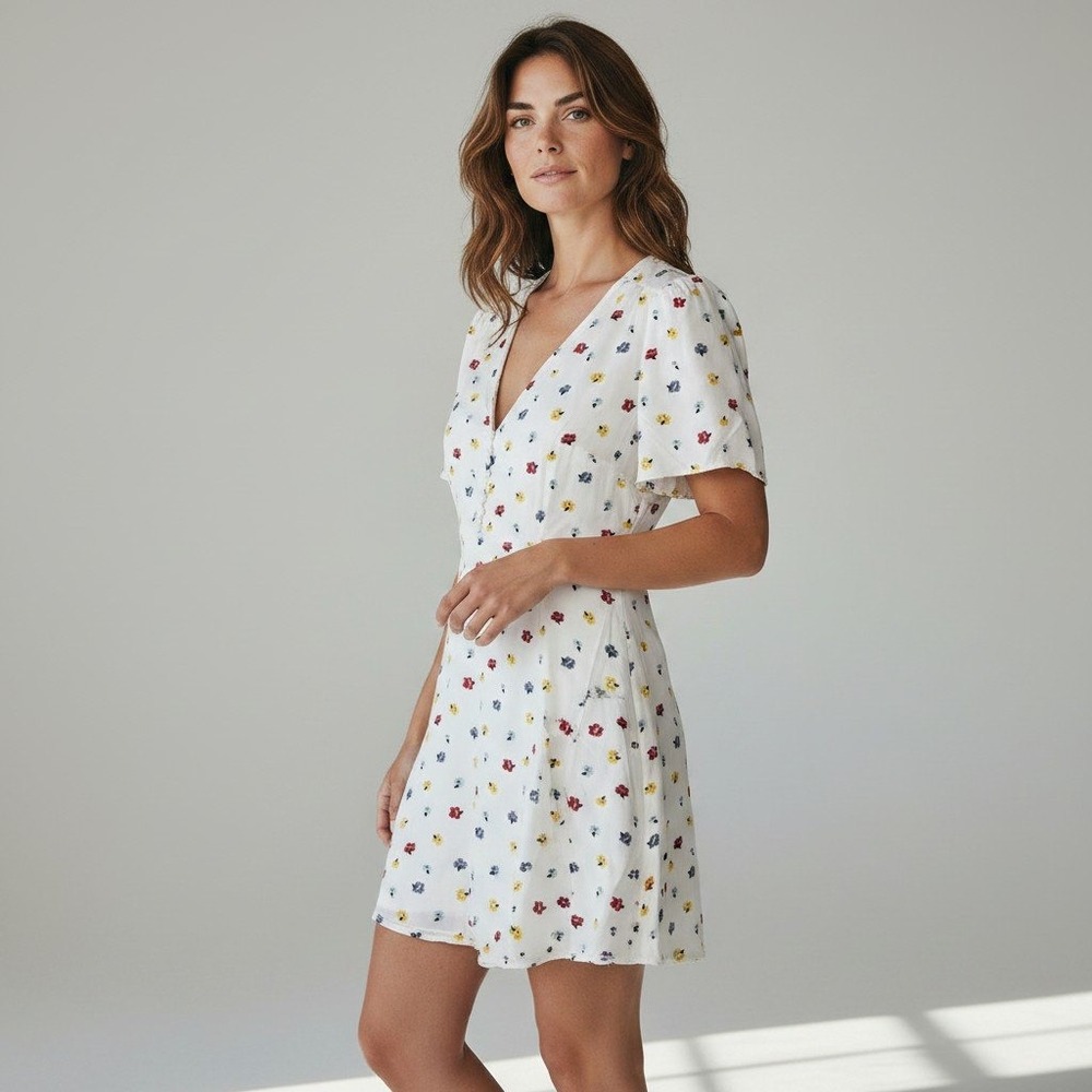 Madewell Women Floral Mini Dress 6 White V-Neck Short Sleeve Cottagecore Boho